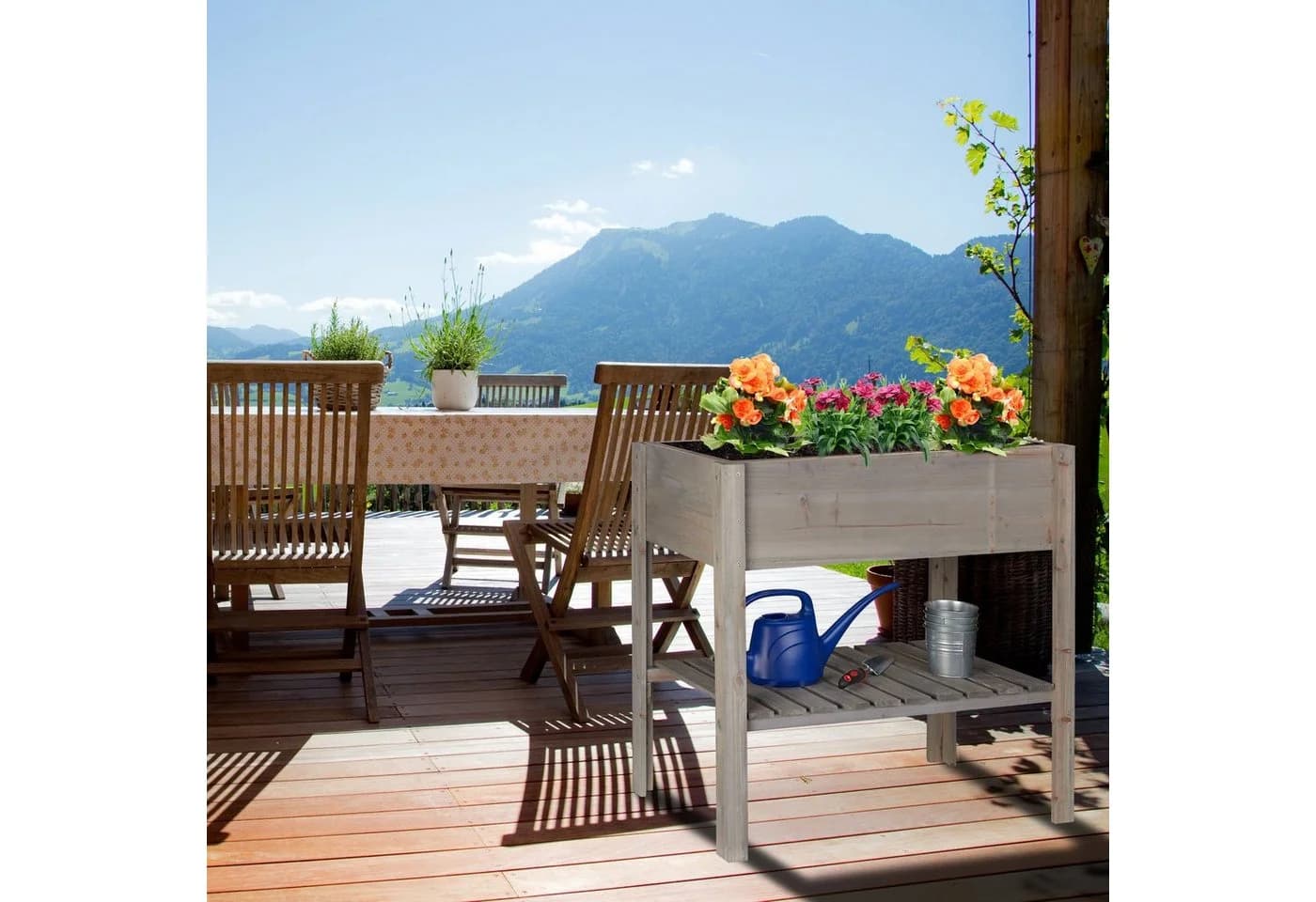 relaxdays Hochbeet Holz grau mit Ablage