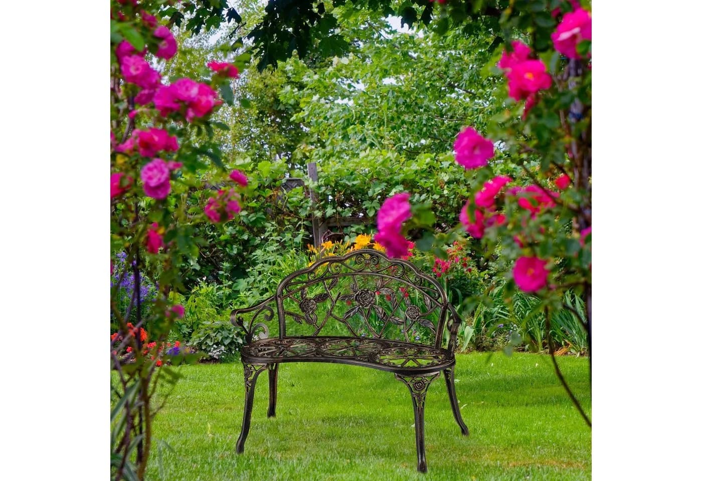 relaxdays Vintage Gartenbank Rosen Bronze Aluminium-Guss