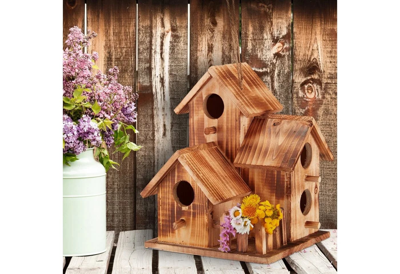 relaxdays Vogelnistkasten 3 Häuser gebranntes Holz braun - Bild 3