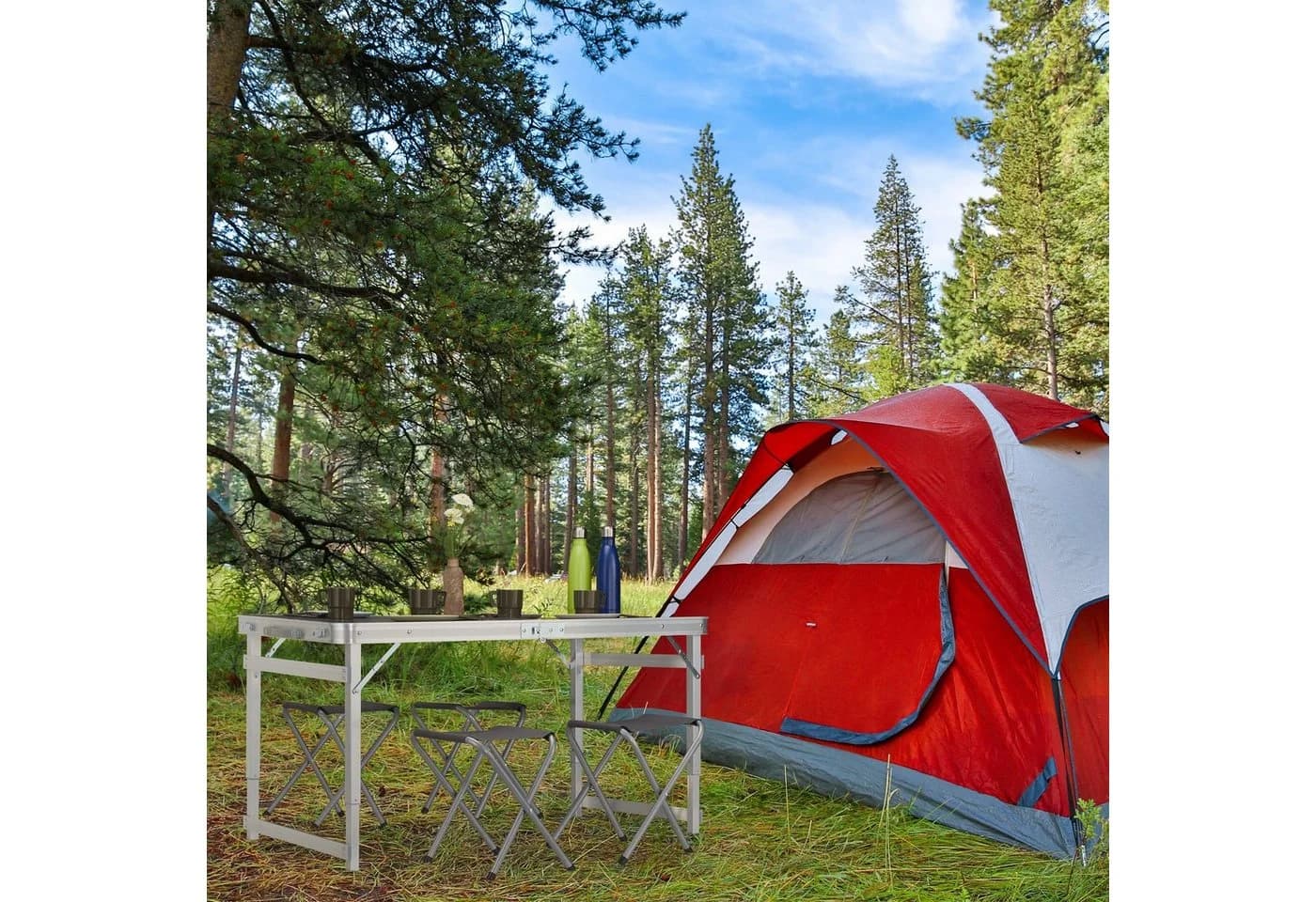 relaxdays Bierzeltgarnitur Campingtisch Set mit 4 Hockern Silber Grau