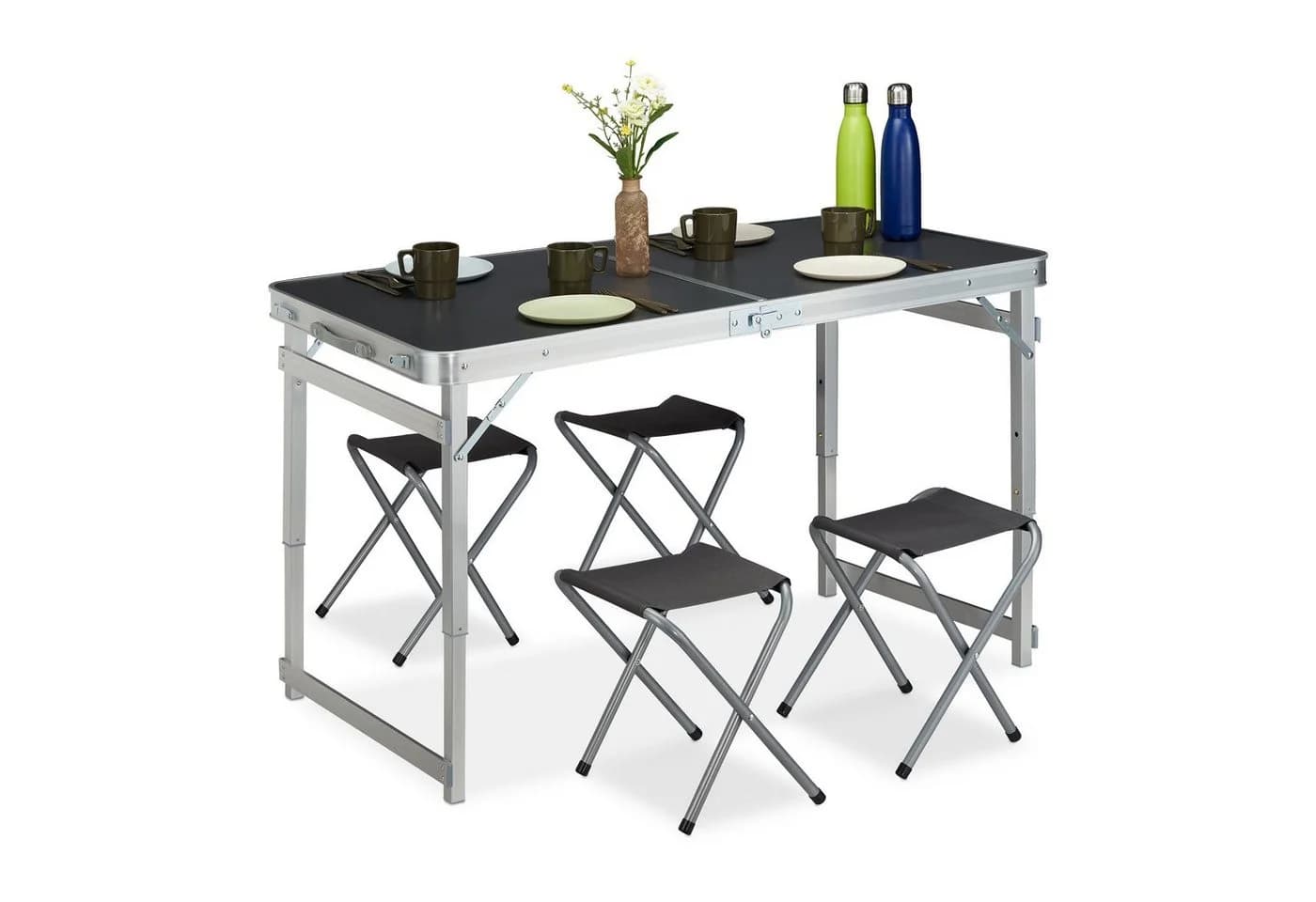 relaxdays Bierzeltgarnitur Campingtisch Set mit 4 Hockern Silber Grau - Bild 2