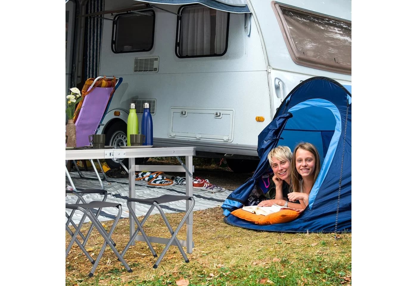 relaxdays Bierzeltgarnitur Campingtisch Set mit 4 Hockern Silber Grau - Bild 3