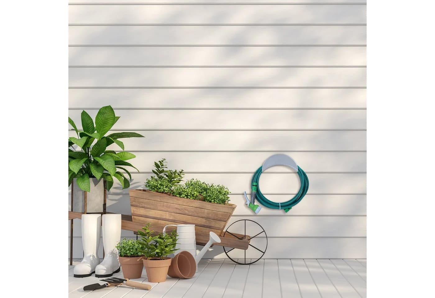 relaxdays Metall Schlauchhalter für die Wand Grau