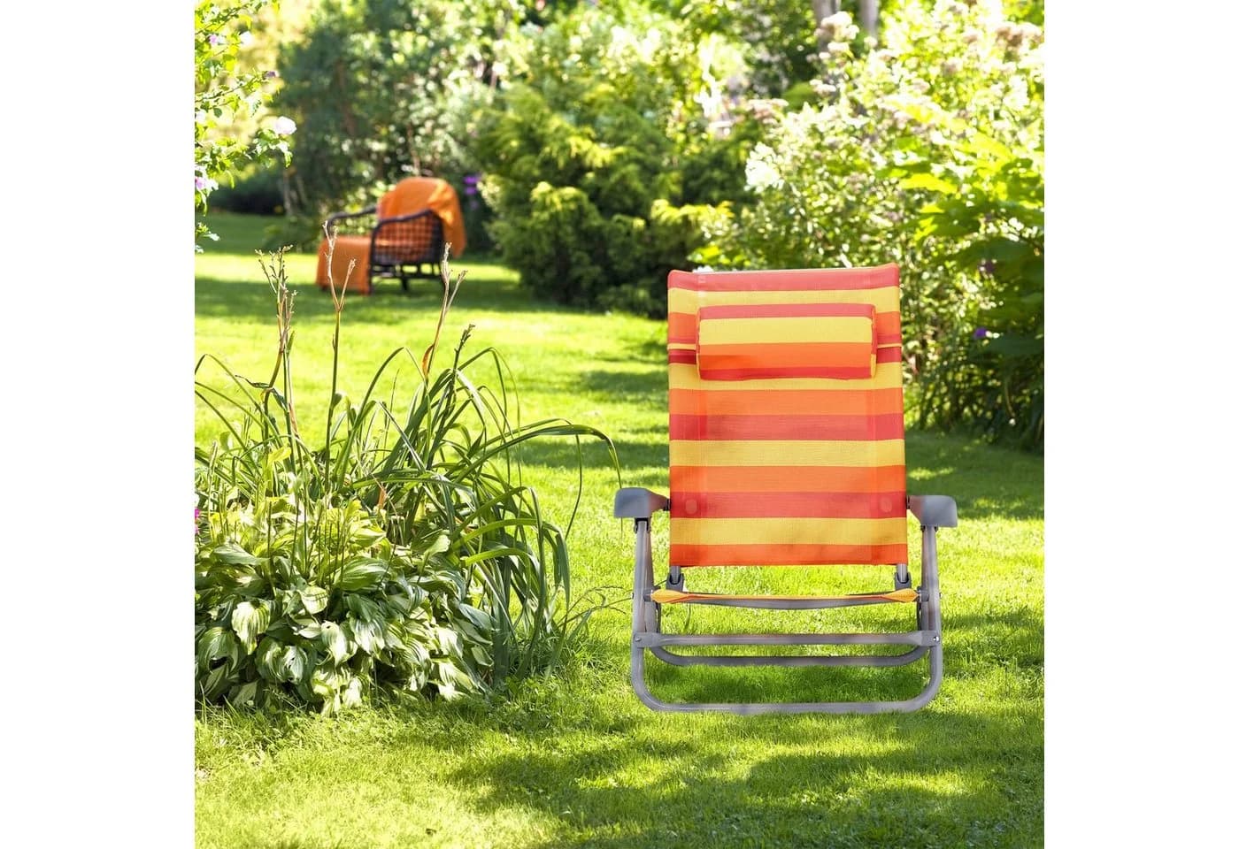 relaxdays Gartenliege Klappbar 8-stufig Verstellbar mit Nackenkissen Bunt