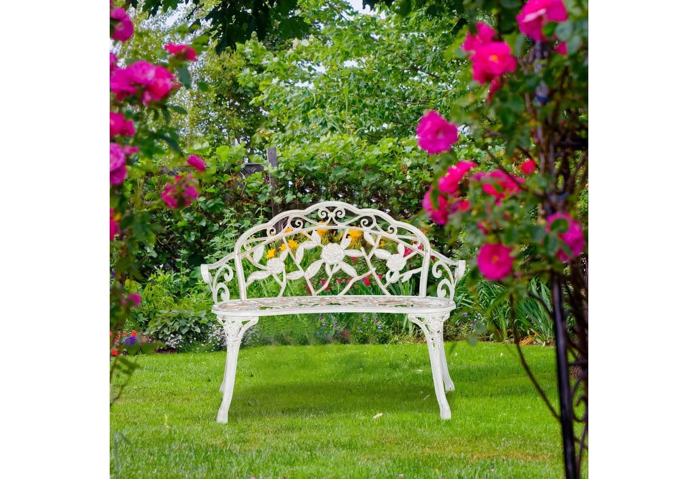 relaxdays Gartenbank Rosen Weiß-Bronze
