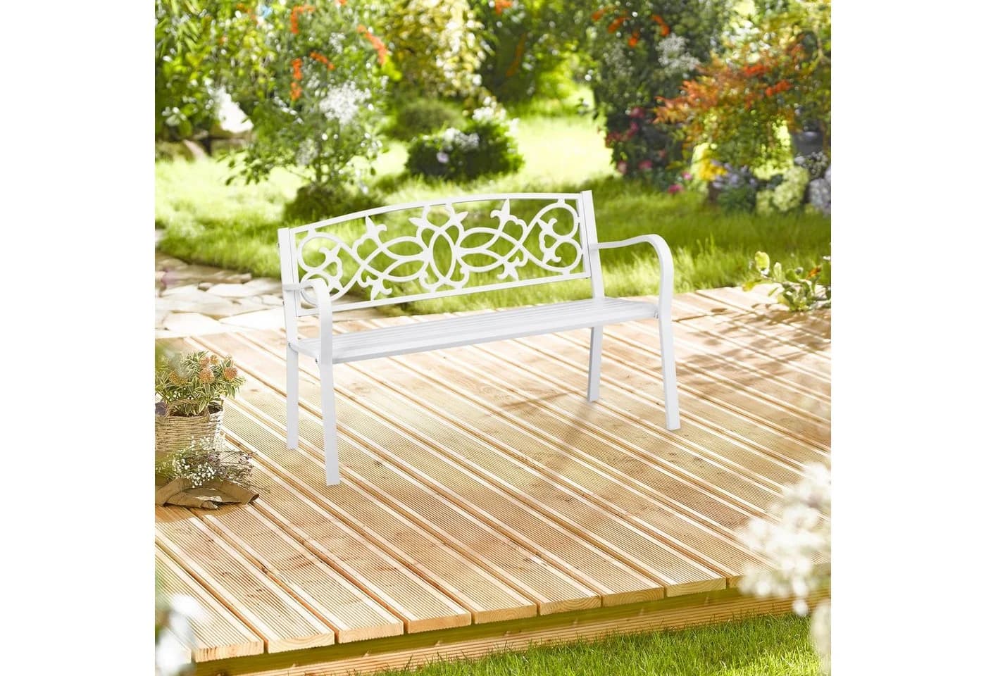 relaxdays Gartenbank Vintage Weiß Stahl Gusseisen Zweisitzer