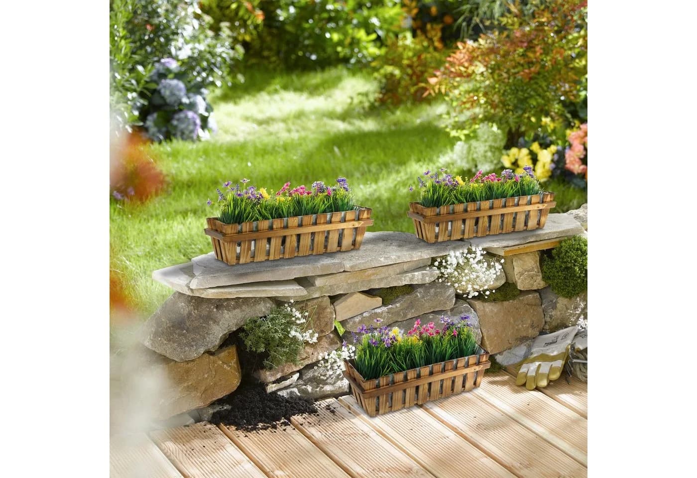 relaxdays Blumenkasten Holzzaun 3er Set Natur Holz