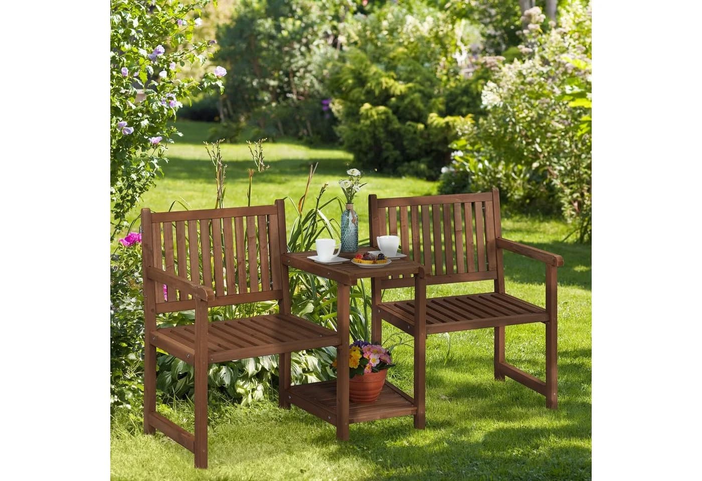 relaxdays Gartenbank mit Tisch Braun Tannenholz