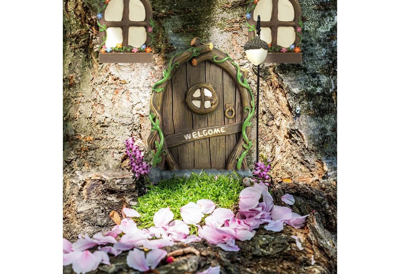relaxdays Feentür Set Welcome Gartenfigur Bunt Kunststein