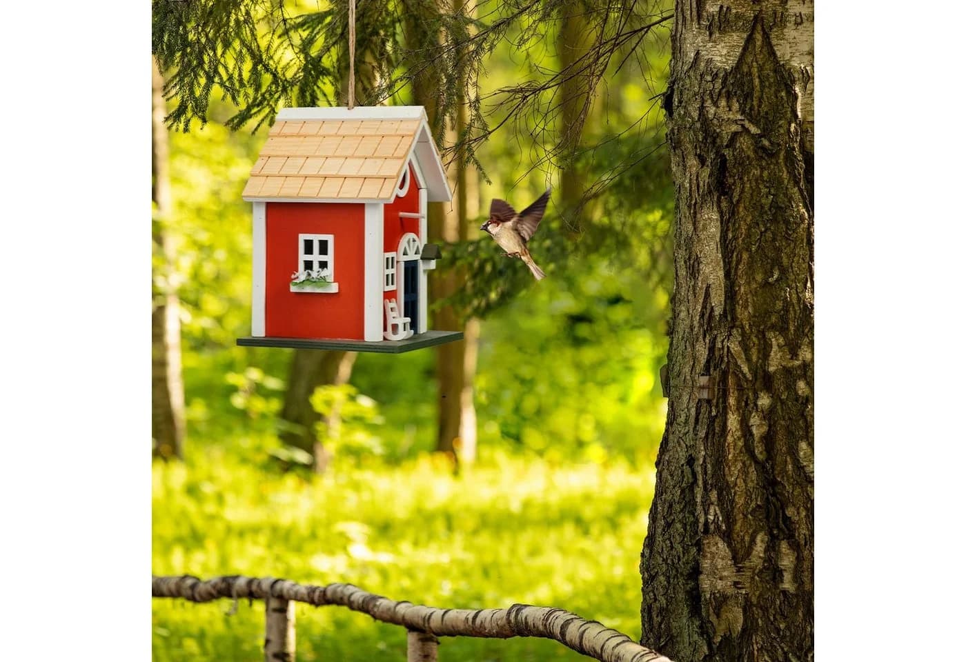 relaxdays Vogelhaus Deko Landhausstil Holz Rot/Weiß/Grün