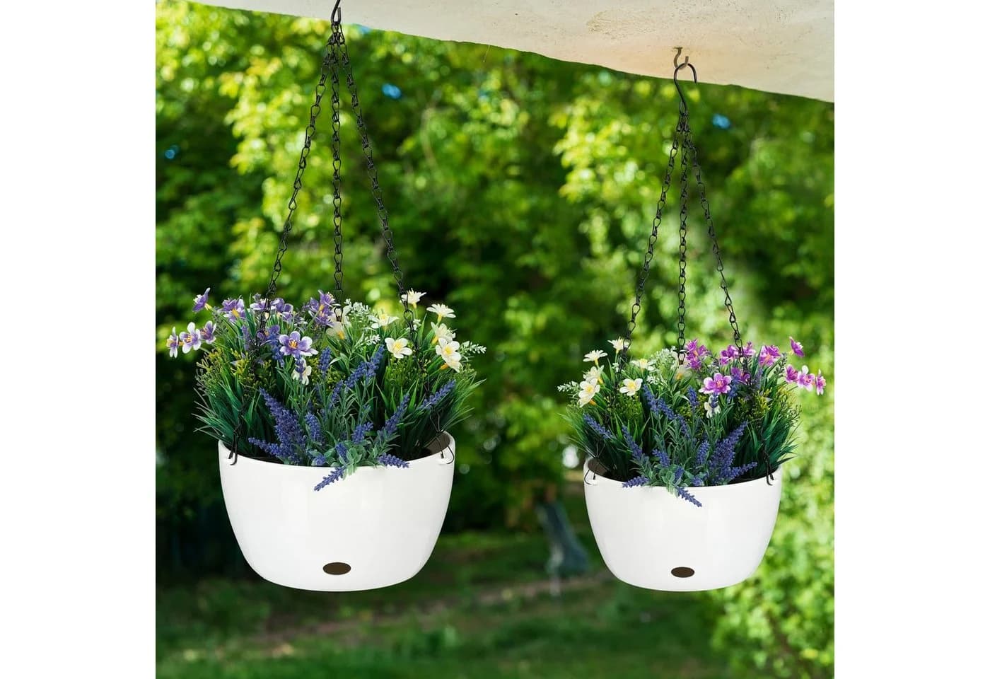 relaxdays Blumenampel 2er Set mit Wasserspeicher Weiß/Schwarz - Bild 5