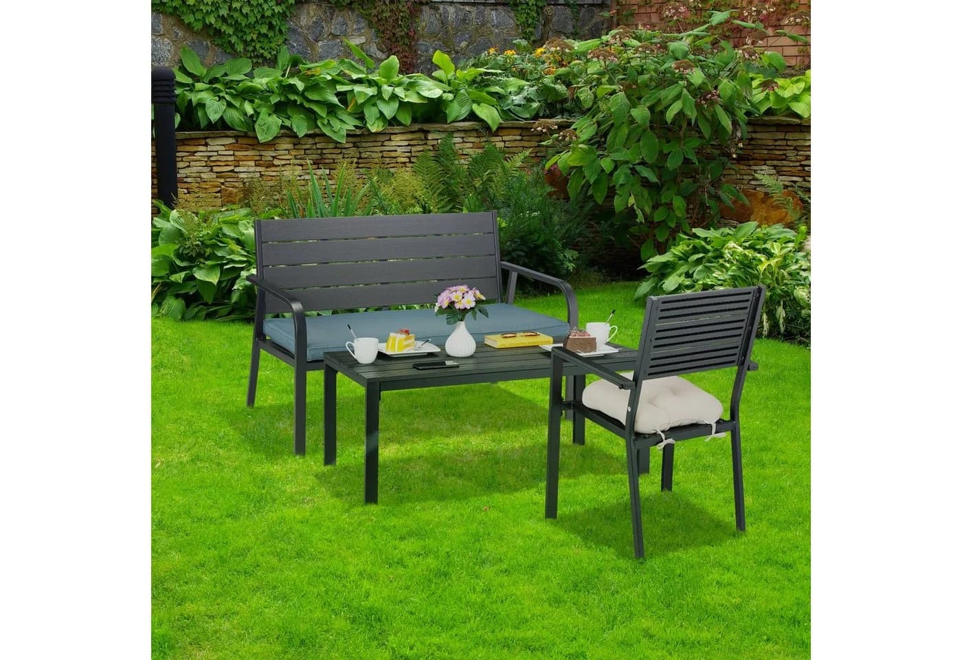 relaxdays Gartenbank mit Sitzauflage Schwarz Anthrazit