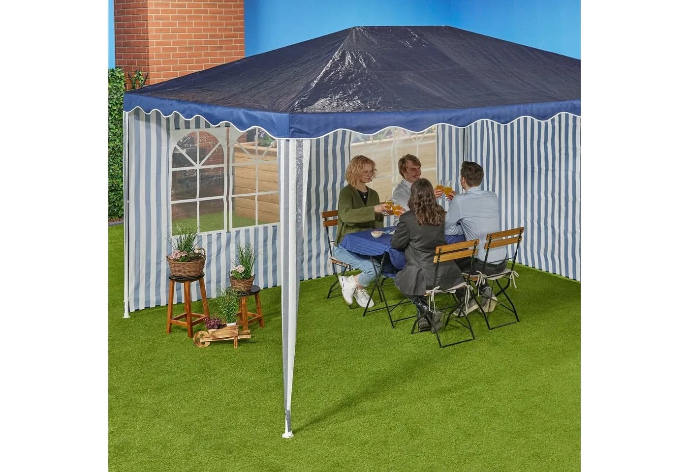 relaxdays Pavillonseitenteil 2er Set Blau/Weiß