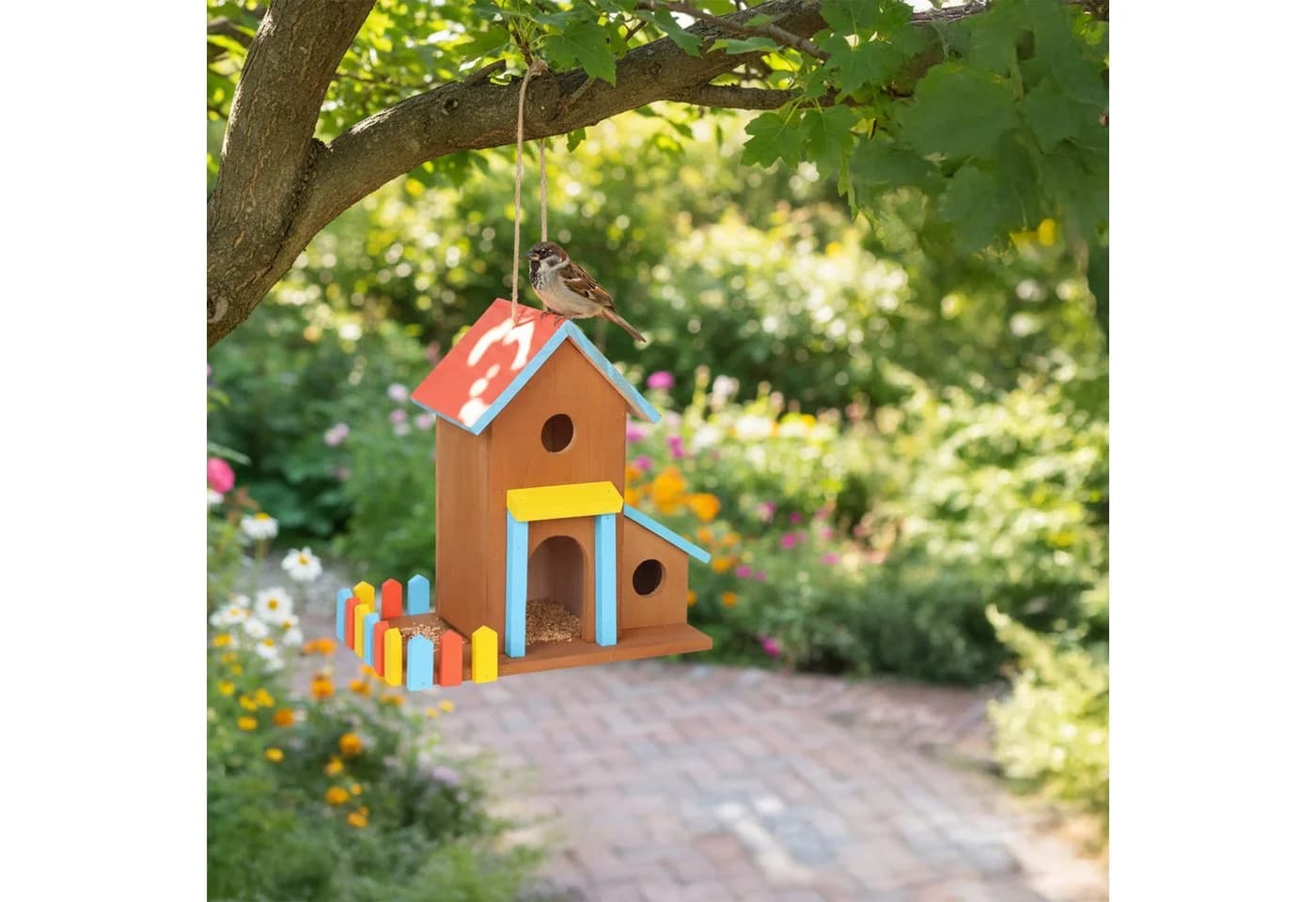 relaxdays Buntes Vogelhaus aus Kiefernholz zum Aufhängen
