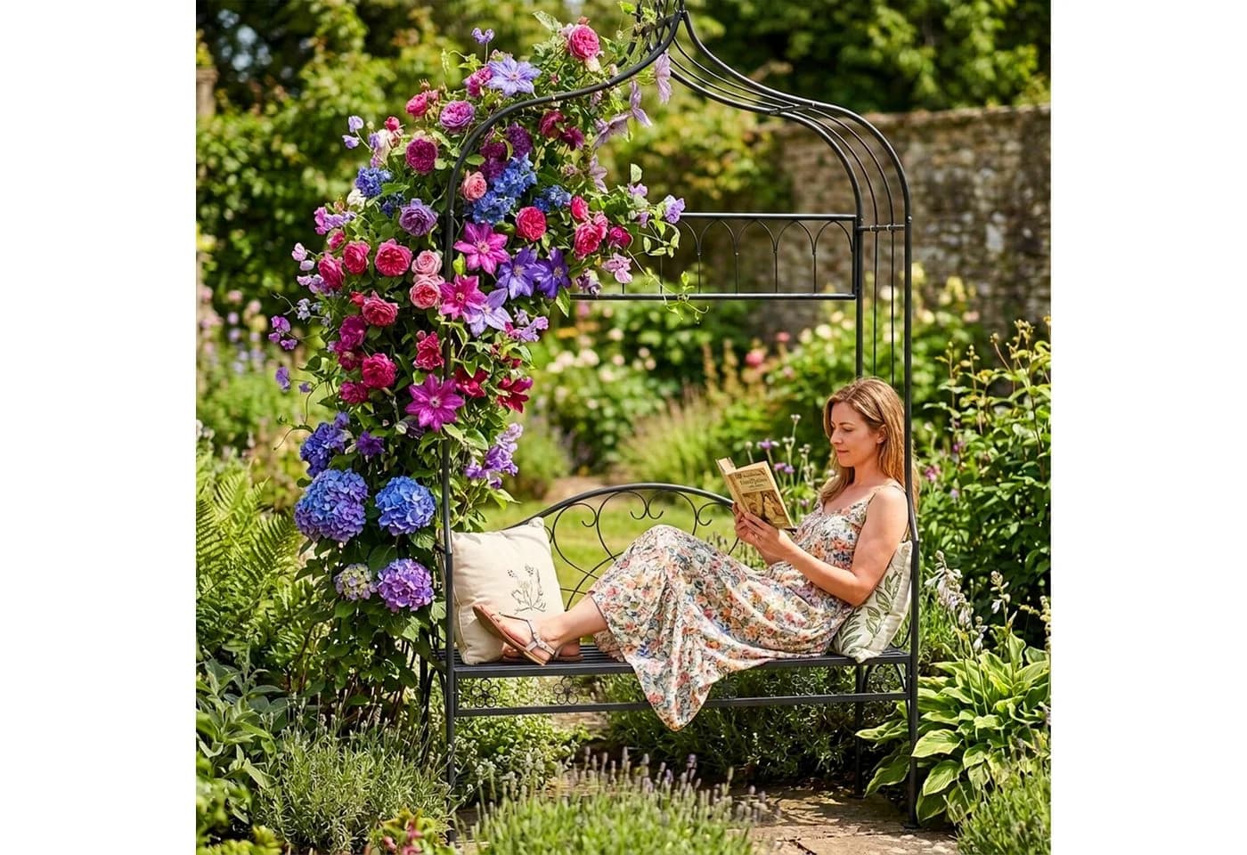 relaxdays Rosenbogen mit Gartenbank Schwarz Stahl