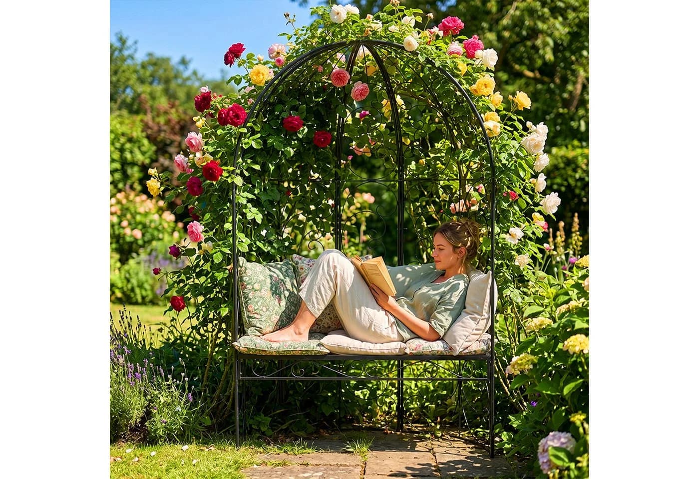 relaxdays Gartenbank mit Rosenbogen Schwarz