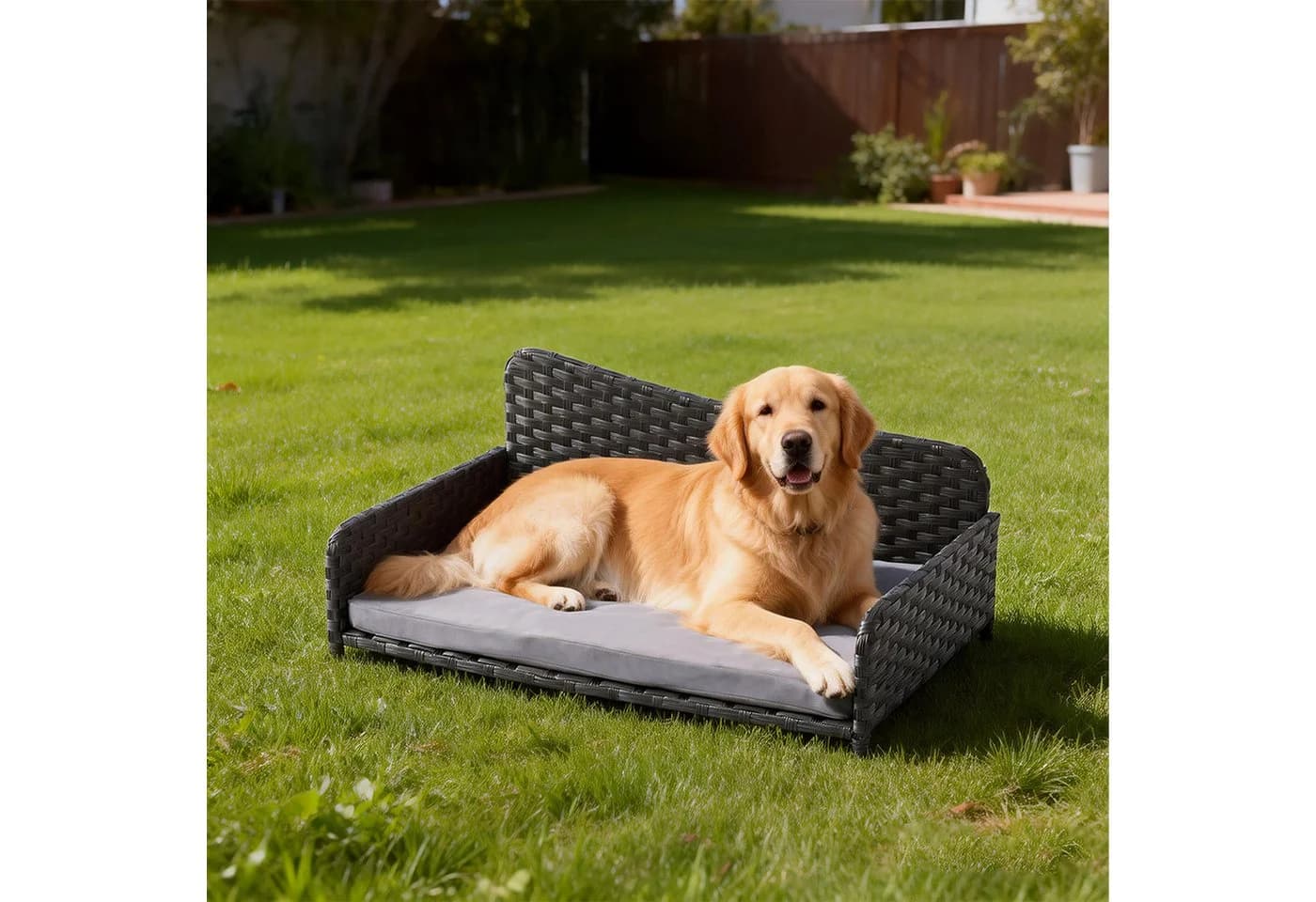 relaxdays Hundebett Rattan mit Kissen XL Grau