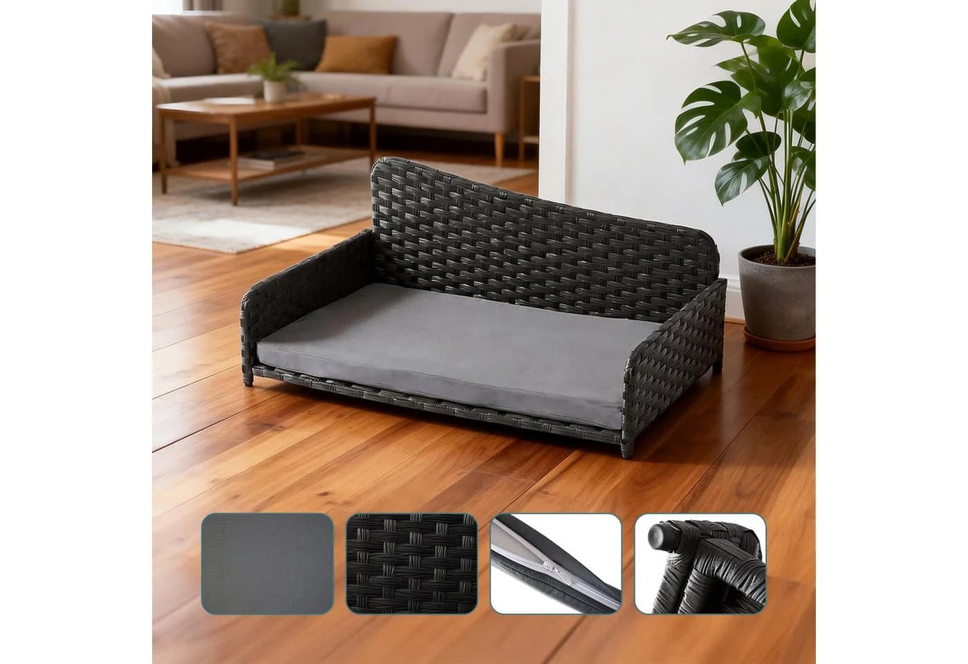 relaxdays Hundebett Rattan mit Kissen XL Grau - Bild 3