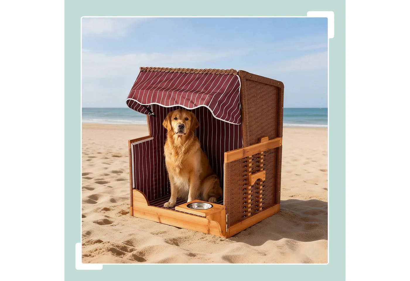 relaxdays Hundestrandkorb Holz & Rattan mit Napf maritim - Bild 3