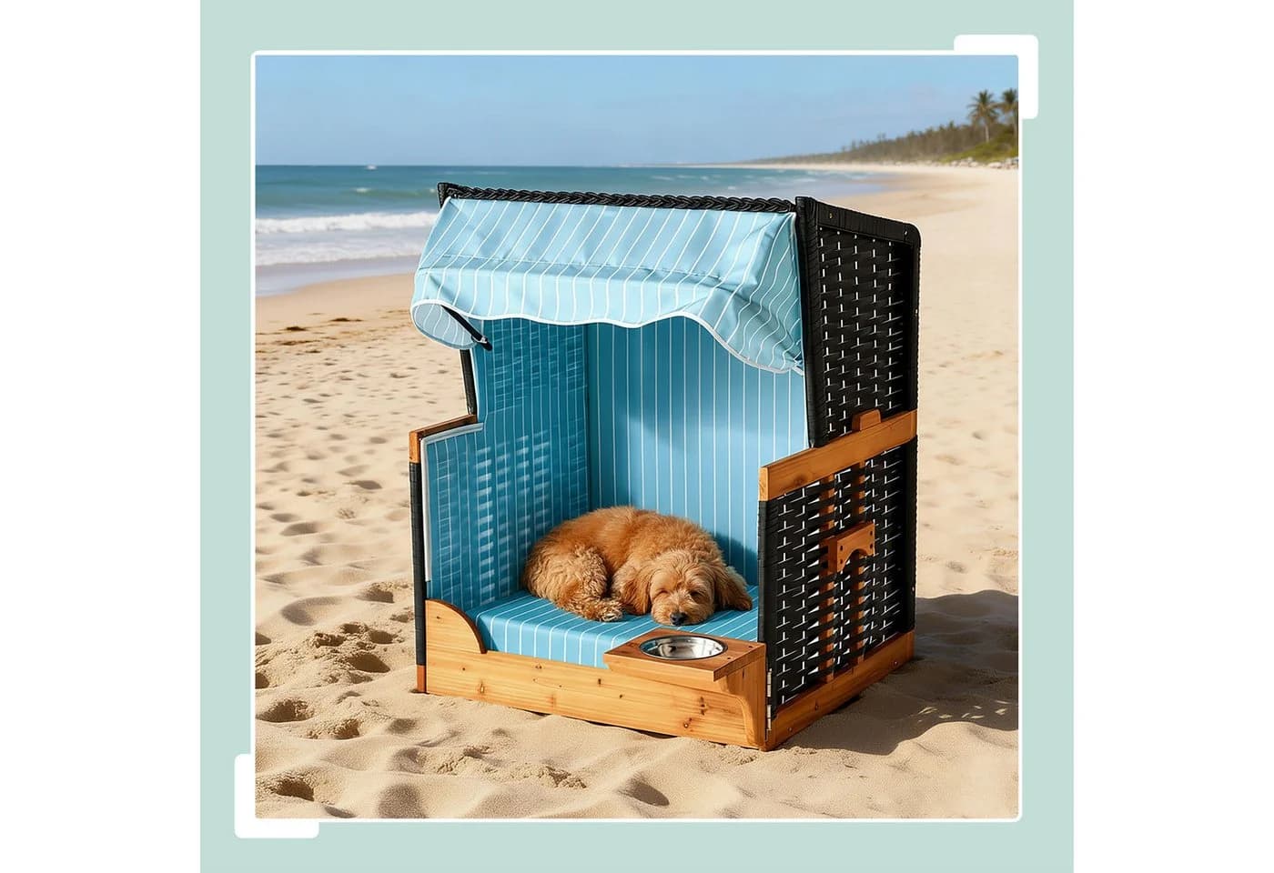 relaxdays Haustierstrandkorb mit Napf maritim blau - Bild 3