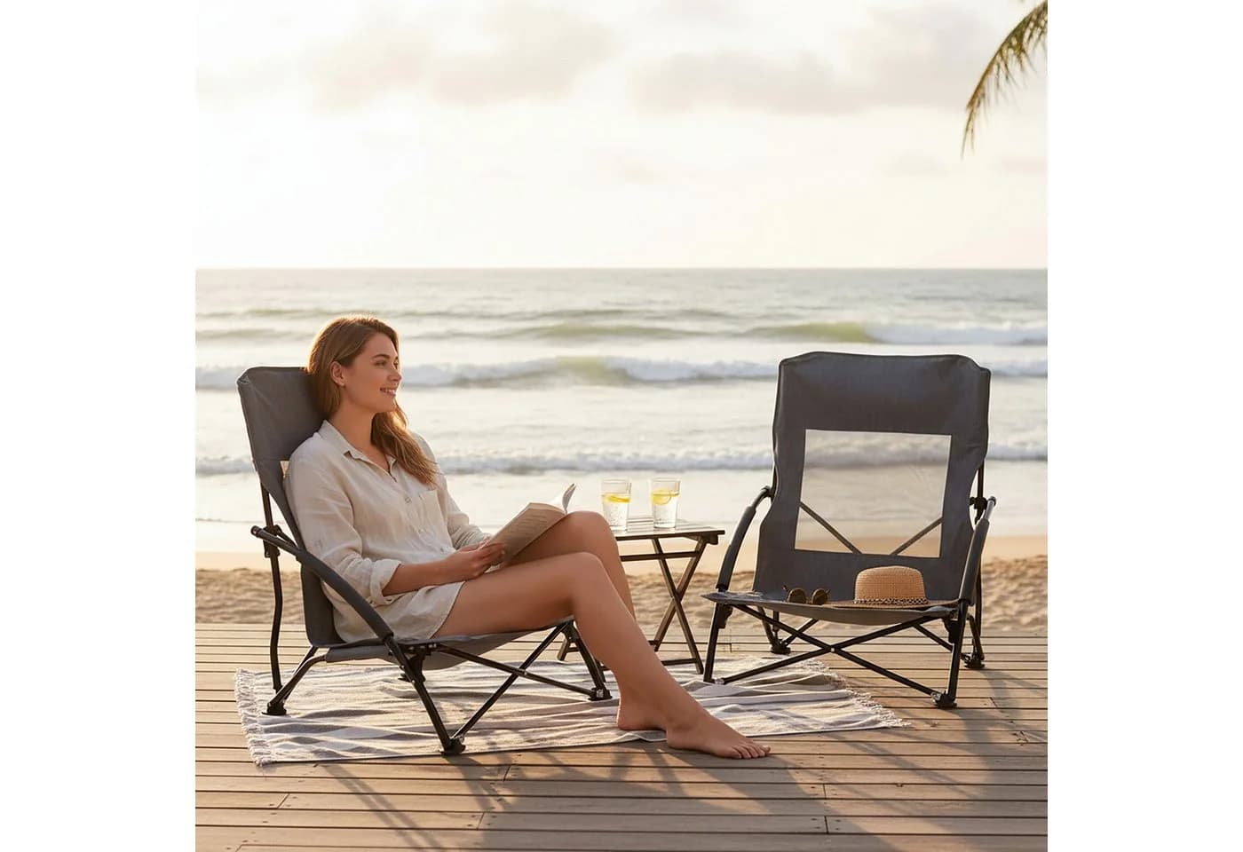 relaxdays Campingstuhl Faltbarer Strandstuhl 2er Set Grau