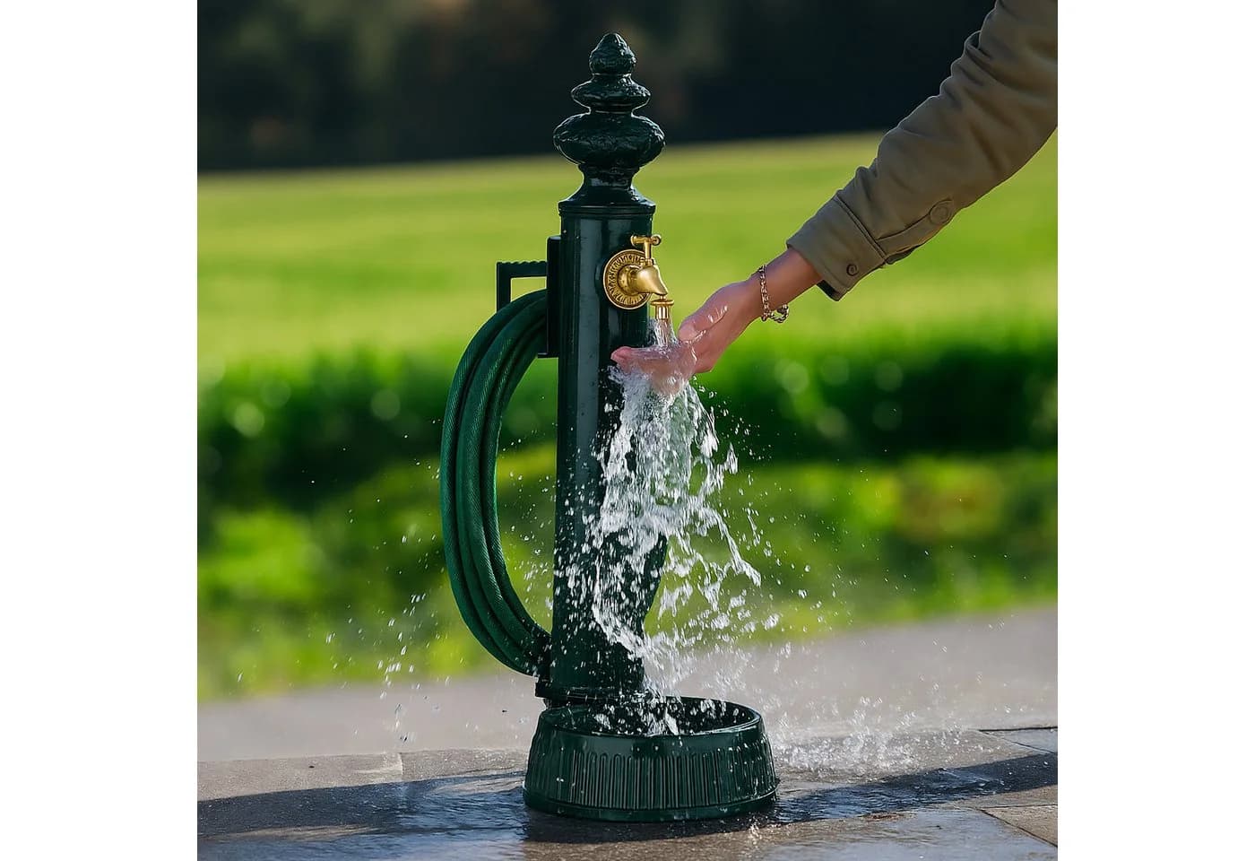 relaxdays Gartenbrunnen Standbrunnen antik 83 cm Schlauchhalter, (1 tlg), grün - Bild 3