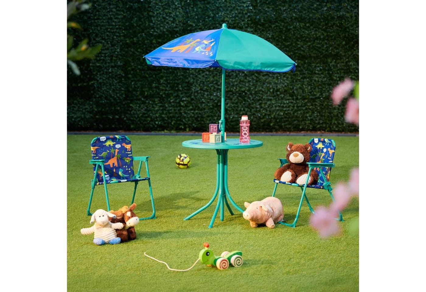 relaxdays Garten-Kindersitzgruppe Camping mit Schirm, Dino