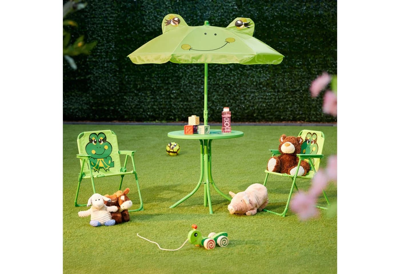 relaxdays Kindersitzgruppe mit Schirm Frosch Grün Garten Camping