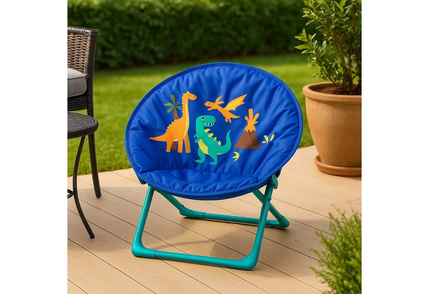 relaxdays Campingstuhl Faltbarer Moonchair für Kinder Dino Blau Türkis Braun