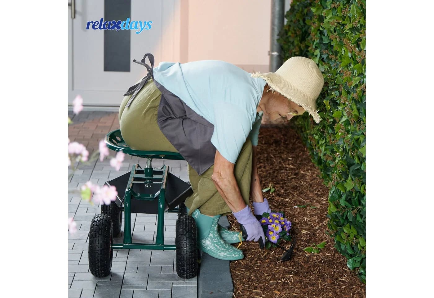 relaxdays Fahrbarer Gartensitz mit Stauraum Grün