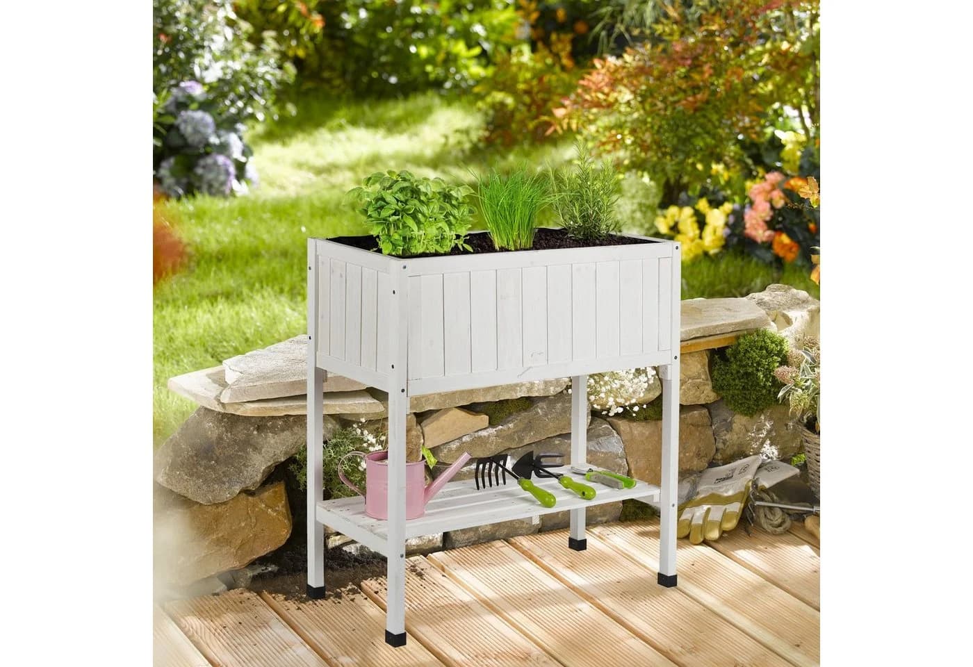 relaxdays Hochbeet aus Tannenholz Weiß mit Ablage