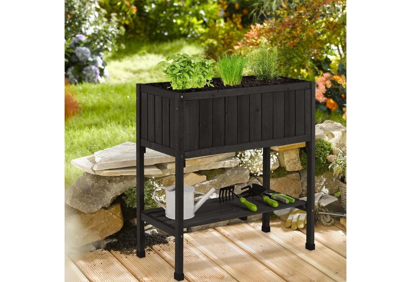 relaxdays Hochbeet aus Tannenholz Schwarz mit Ablage