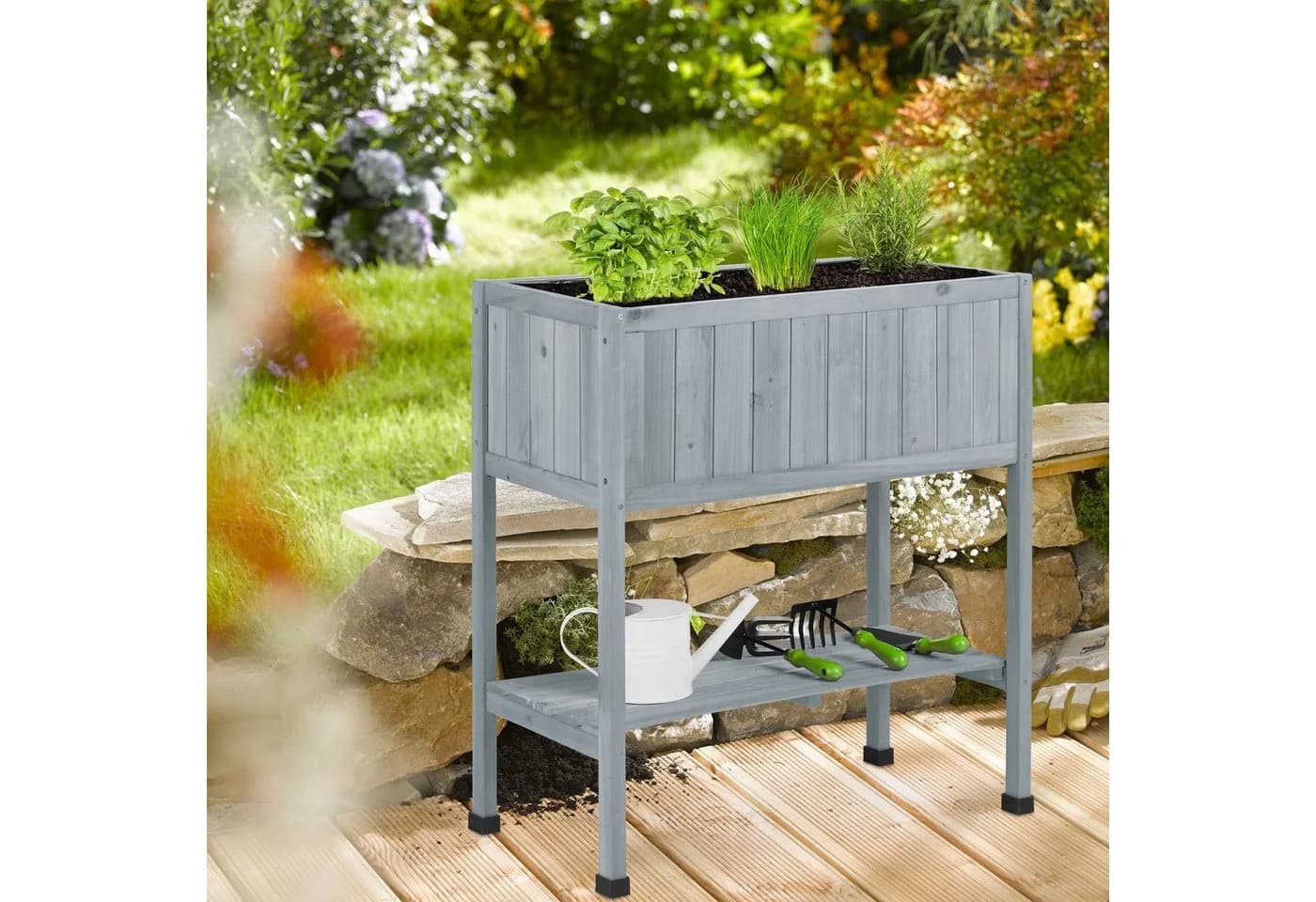 relaxdays Hochbeet aus Holz grau mit Ablage