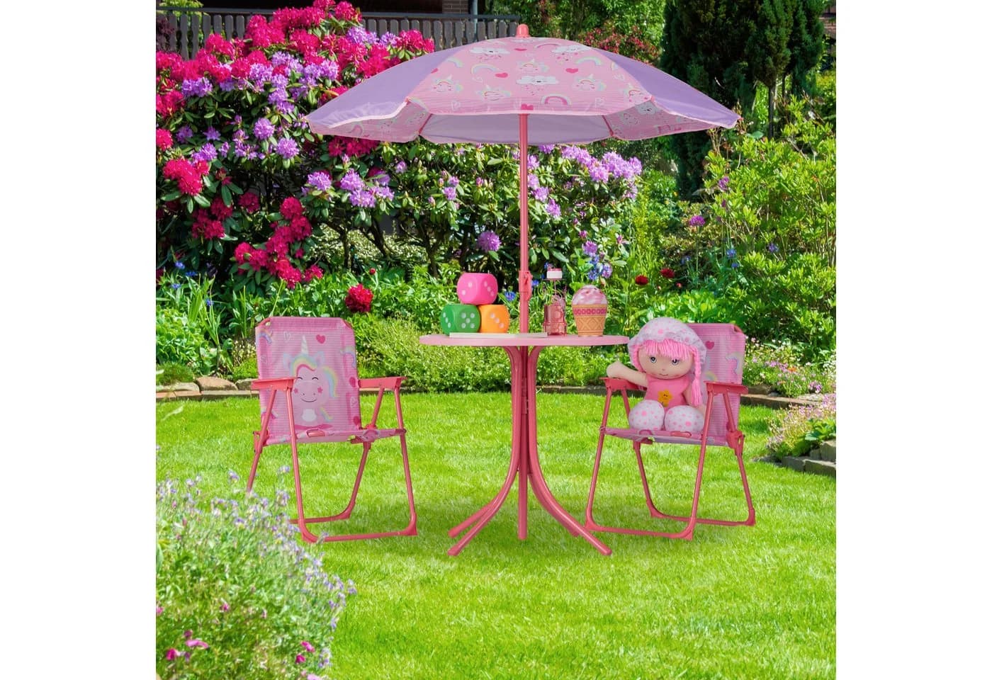 relaxdays Kindersitzgruppe mit Schirm Unicorn Rosa Lila