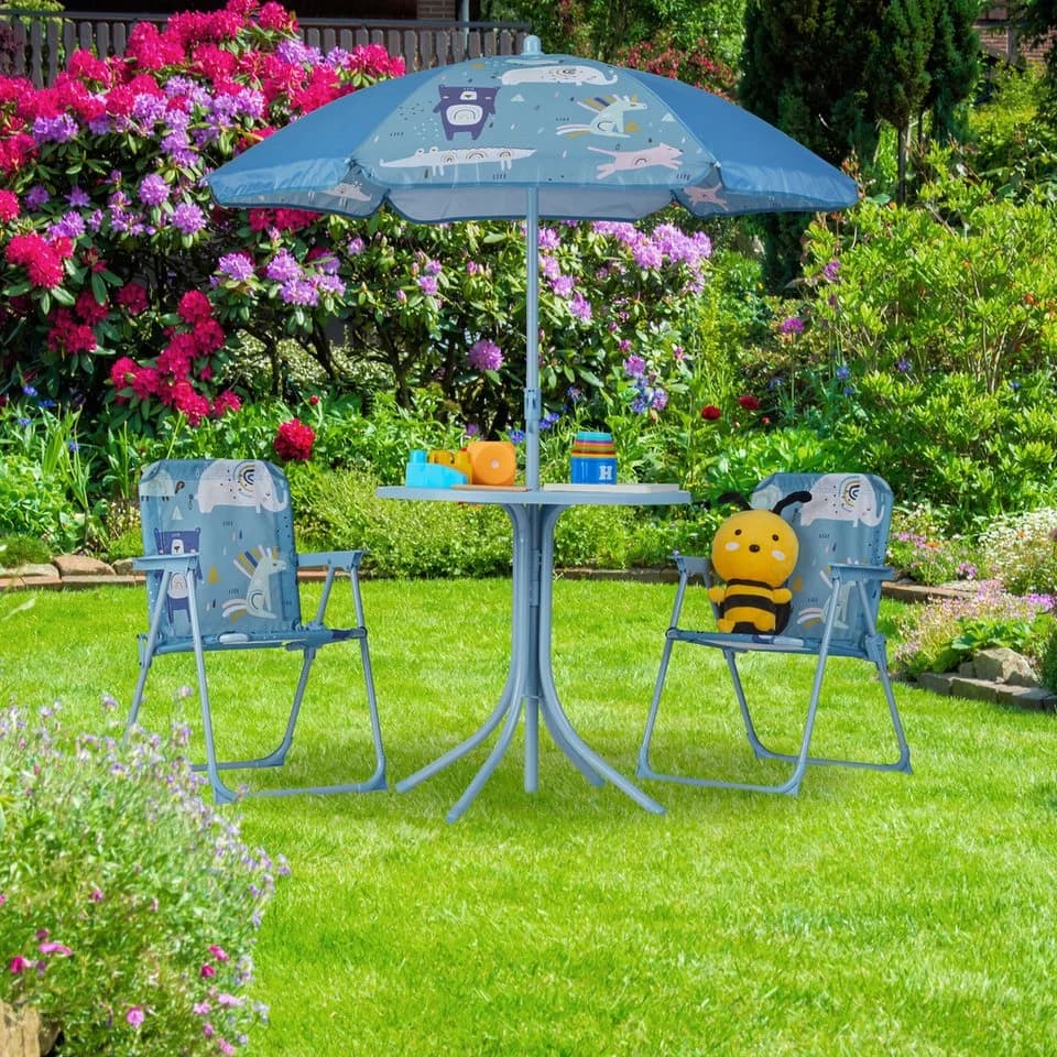 relaxdays Garten-Kindersitzgruppe mit Schirm, blau, Tier-Design