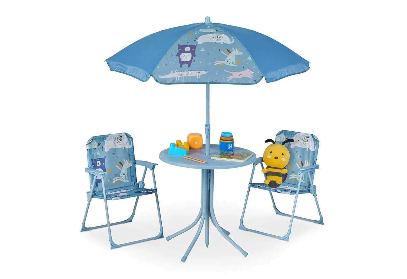 relaxdays Garten-Kindersitzgruppe mit Schirm, blau, Tier-Design - Bild 2