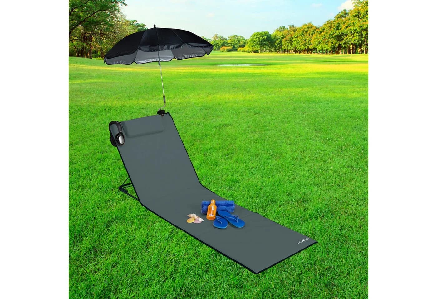 relaxdays Gartenliege Strandmatte mit Sonnenschirm Anthrazit