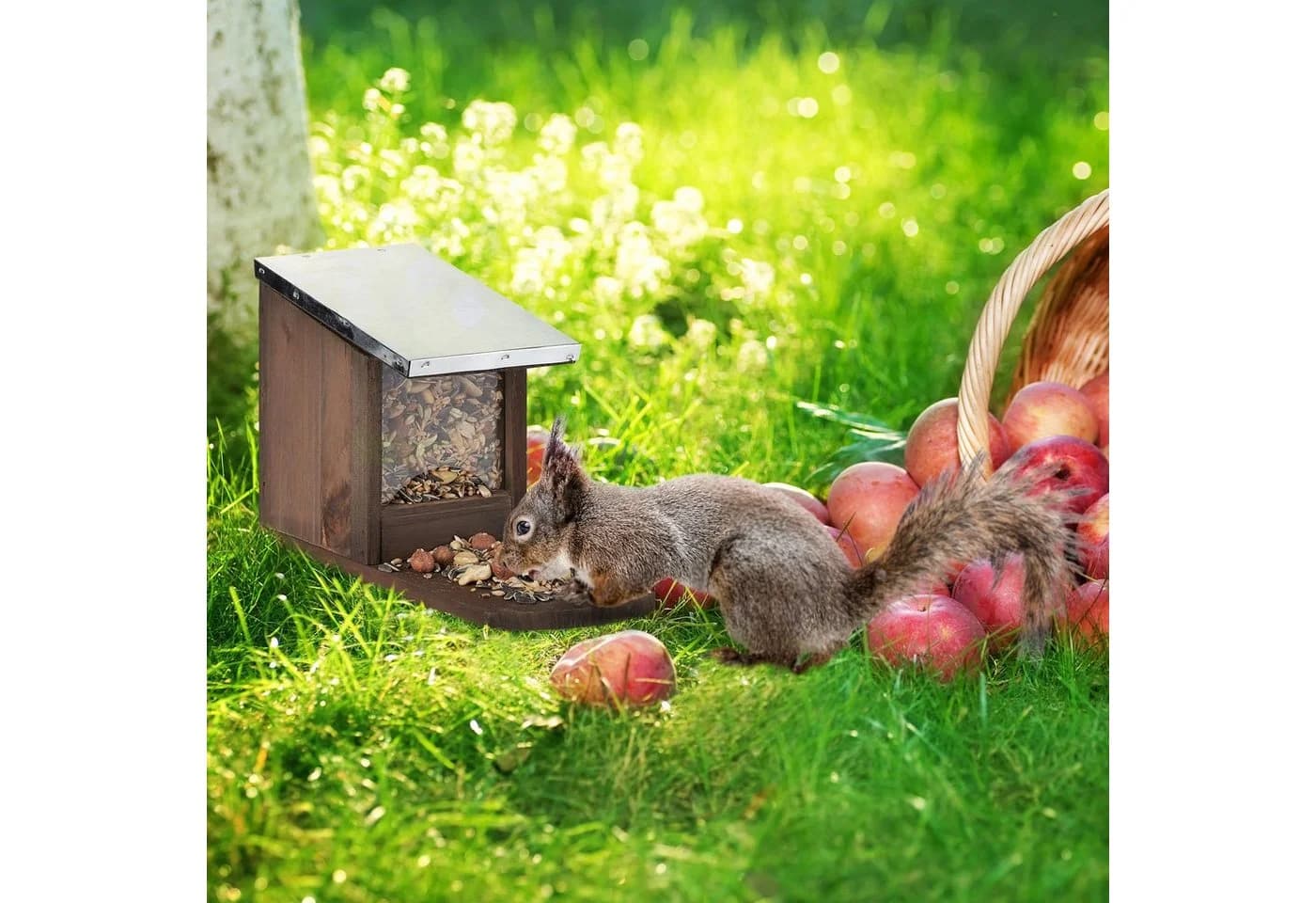 relaxdays Eichhörnchen Futterhaus mit klappbarem Metalldach, dunkelbraun