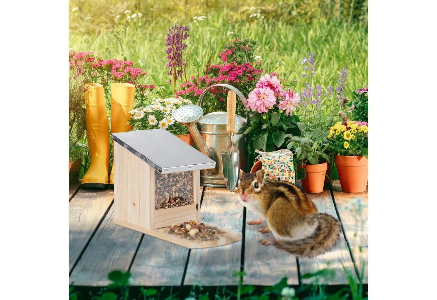 relaxdays Eichhörnchen Futterhaus mit klappbarem Metalldach, dunkelbraun - Bild 5