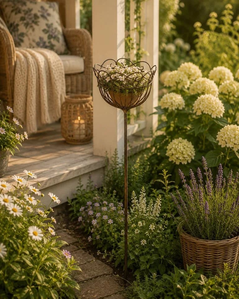 finehomegarden Gartenstecker Korb Metall Ø25cm H109cm braun rostfarbend