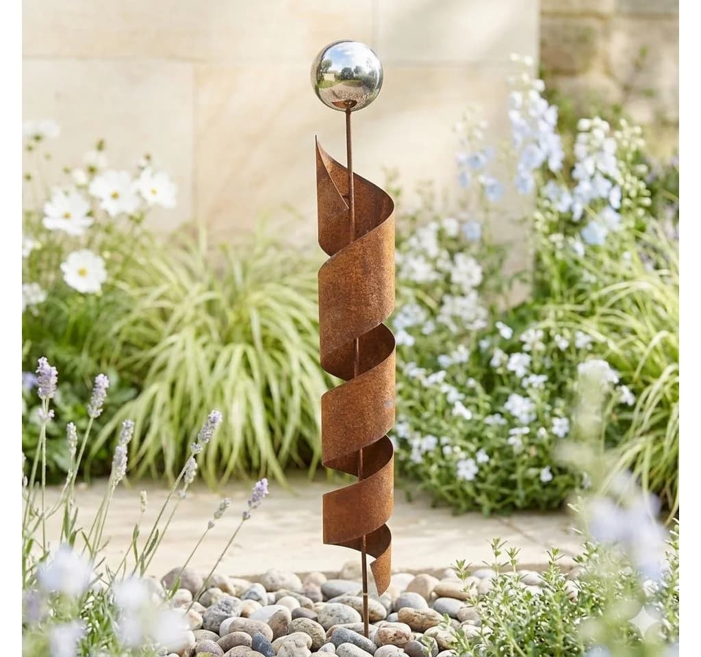 Posiwio Gartenstecker Spirale Rostoptik mit Edelstahlkugel