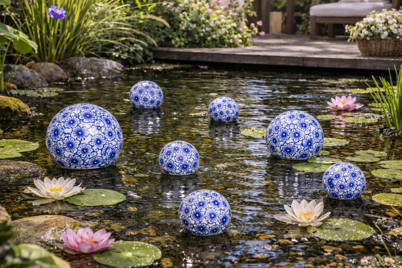 finehomegarden Teichfigur Schwimmkugel blau/weiß Porzellan Deko Set - Bild 5