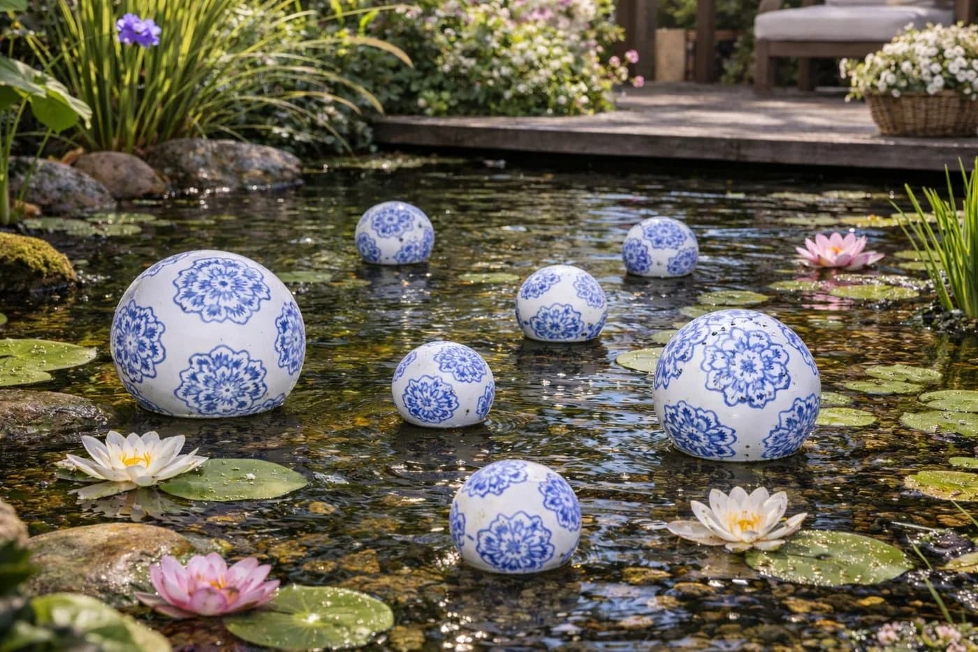 finehomegarden Schwimmkugel Set Porzellan weiß-blau Blütenmuster - Bild 5