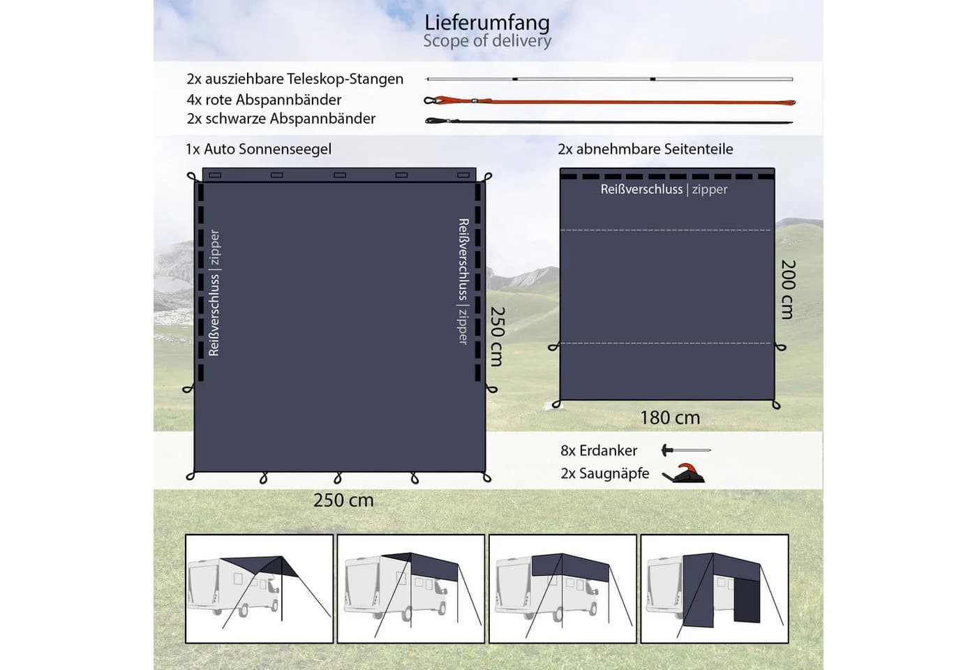 ONVAYA Auto-Sonnensegel Schwarz Wasserdicht 6 Aufbauvarianten