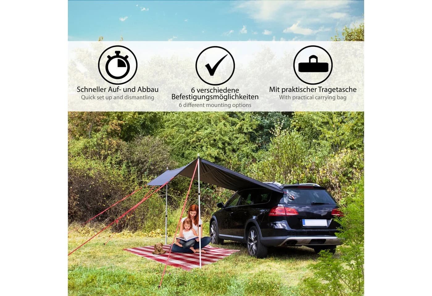 ONVAYA Auto-Sonnensegel Schwarz Wasserdicht 6 Aufbauvarianten - Bild 3