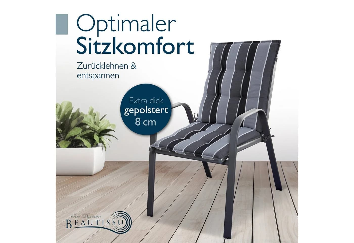 Beautissu Sitzauflage 2er Set Niedriglehner Anthrazit-Gestreift - Bild 5