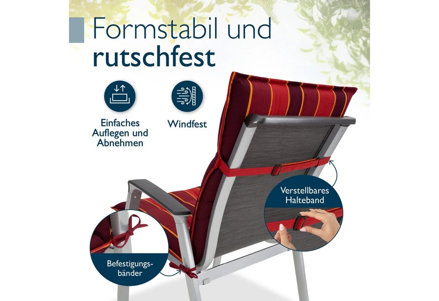 Beautissu Niedriglehner Auflage 4er Set Rot-Gestreift mit Befestigung - Bild 4