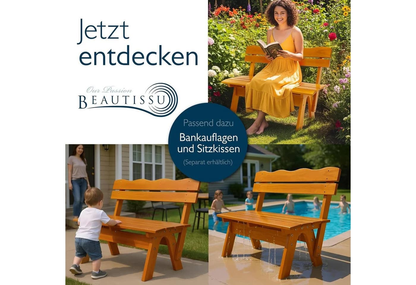 Beautissu Gartenbank 2-Sitzer 120 cm Kiefernholz