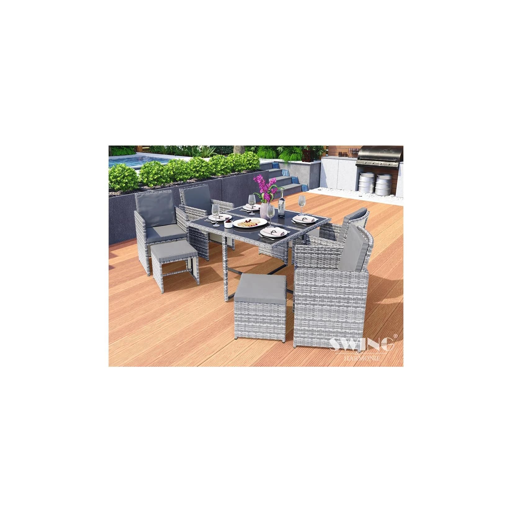 Swing&Harmonie Vegas Garten-Sitzgruppe Grau Poly Rattan mit Kissen