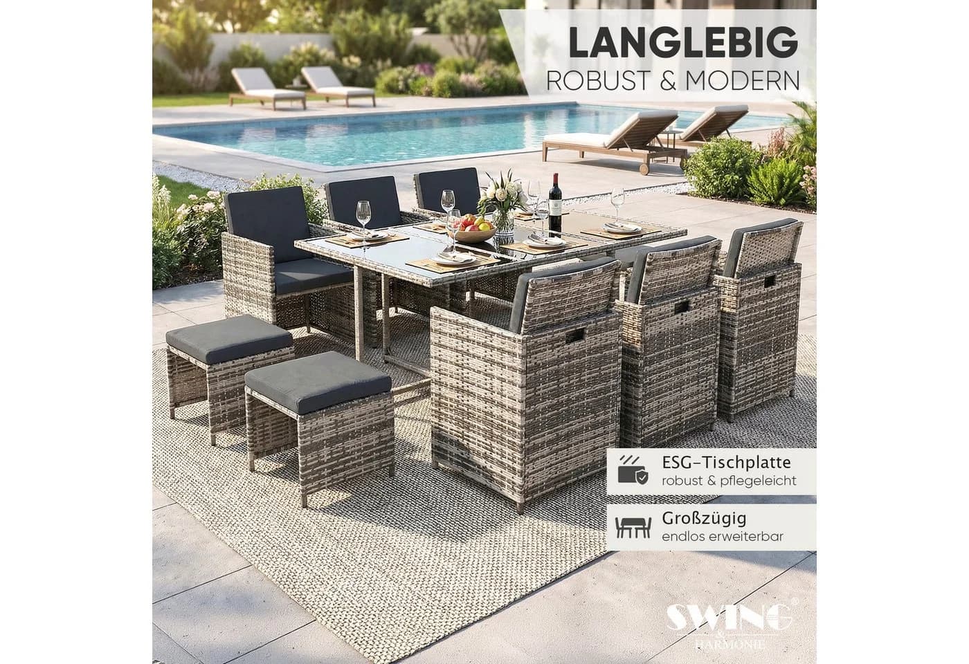 Swing&Harmonie Vegas Garten-Sitzgruppe Grau Poly Rattan mit Kissen - Bild 5
